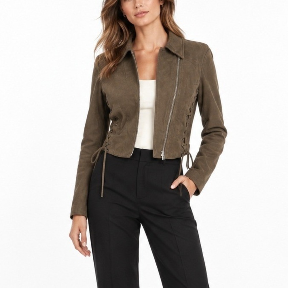 Lulus Olive Brown Faux Suede Bohemian Moto Jacket Lace Up Sides Size Small